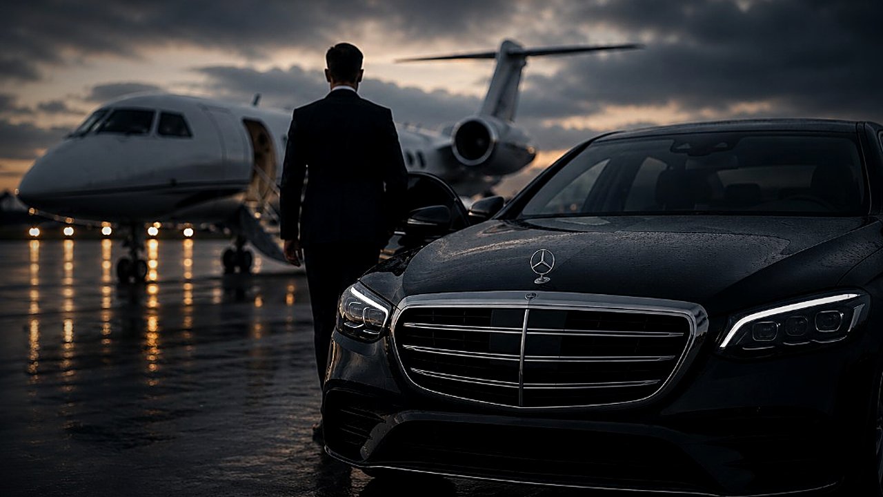 Chauffeur with luggage walking towards a black Mercedes and private jet at sunset