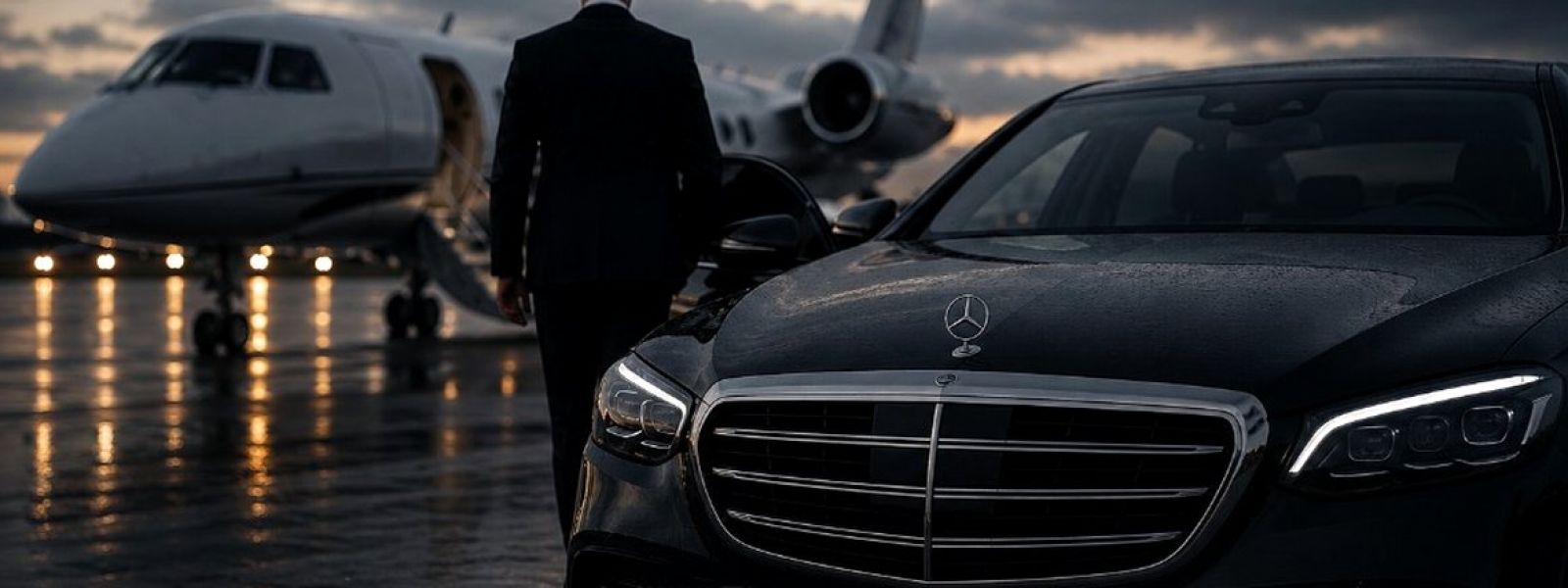 A chauffeur walks toward a black Mercedes-Benz S-Class parked beside a private jet on a wet apron at dusk.