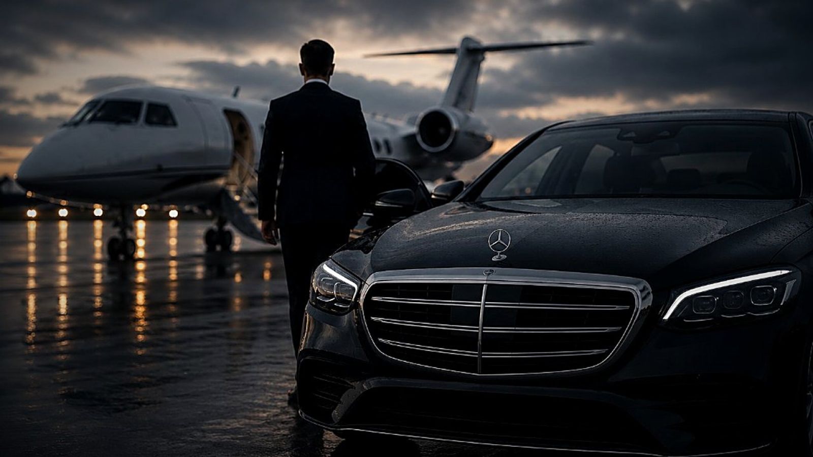 A chauffeur walks toward a black Mercedes-Benz S-Class parked beside a private jet on a wet apron at dusk.
