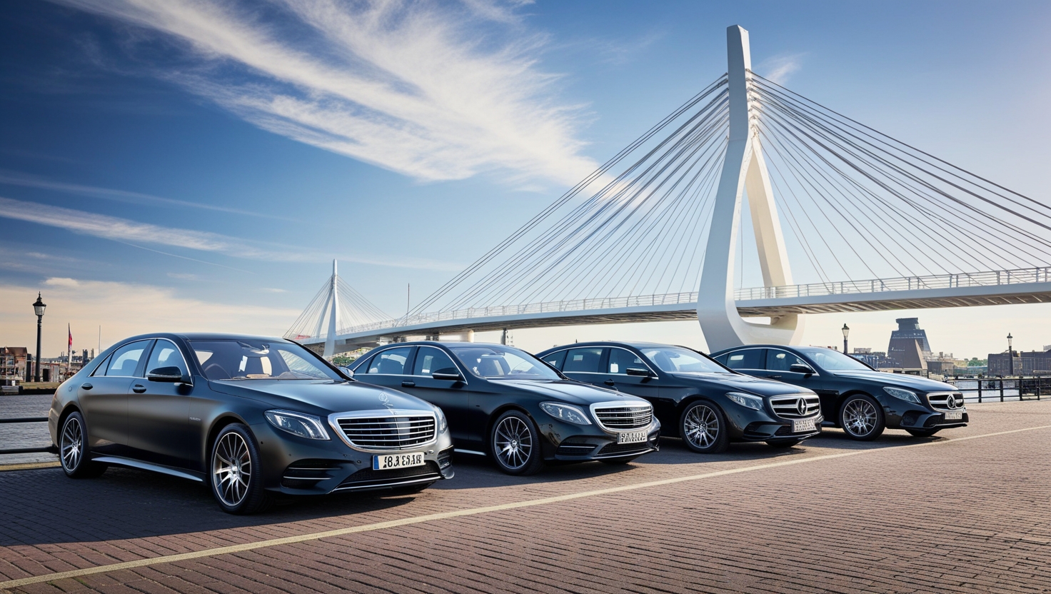 Black Mercedes-Benz saloons lined up on a waterfront quay with the Erasmus Bridge in the background.