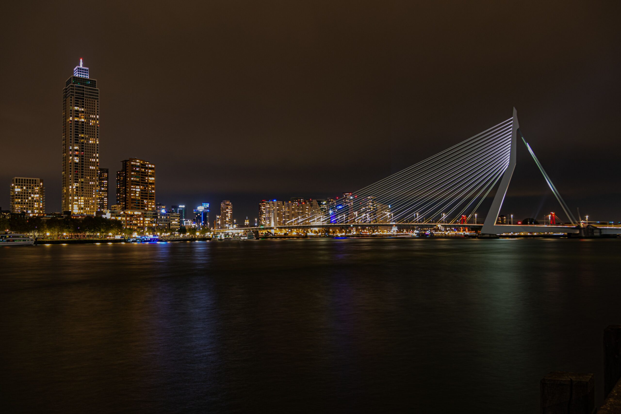 The Rotterdam skyline at night, with the Erasmus Bridge and illuminated towers reflected on the water.